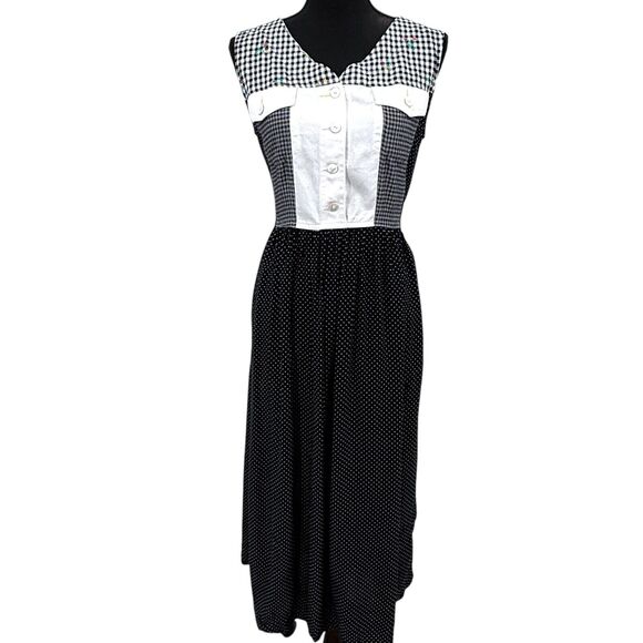 Vtg Carol Little Black White Minimalist Gingham Floral Rayon Blend‎ Maxi Dress - Picture 1 of 11